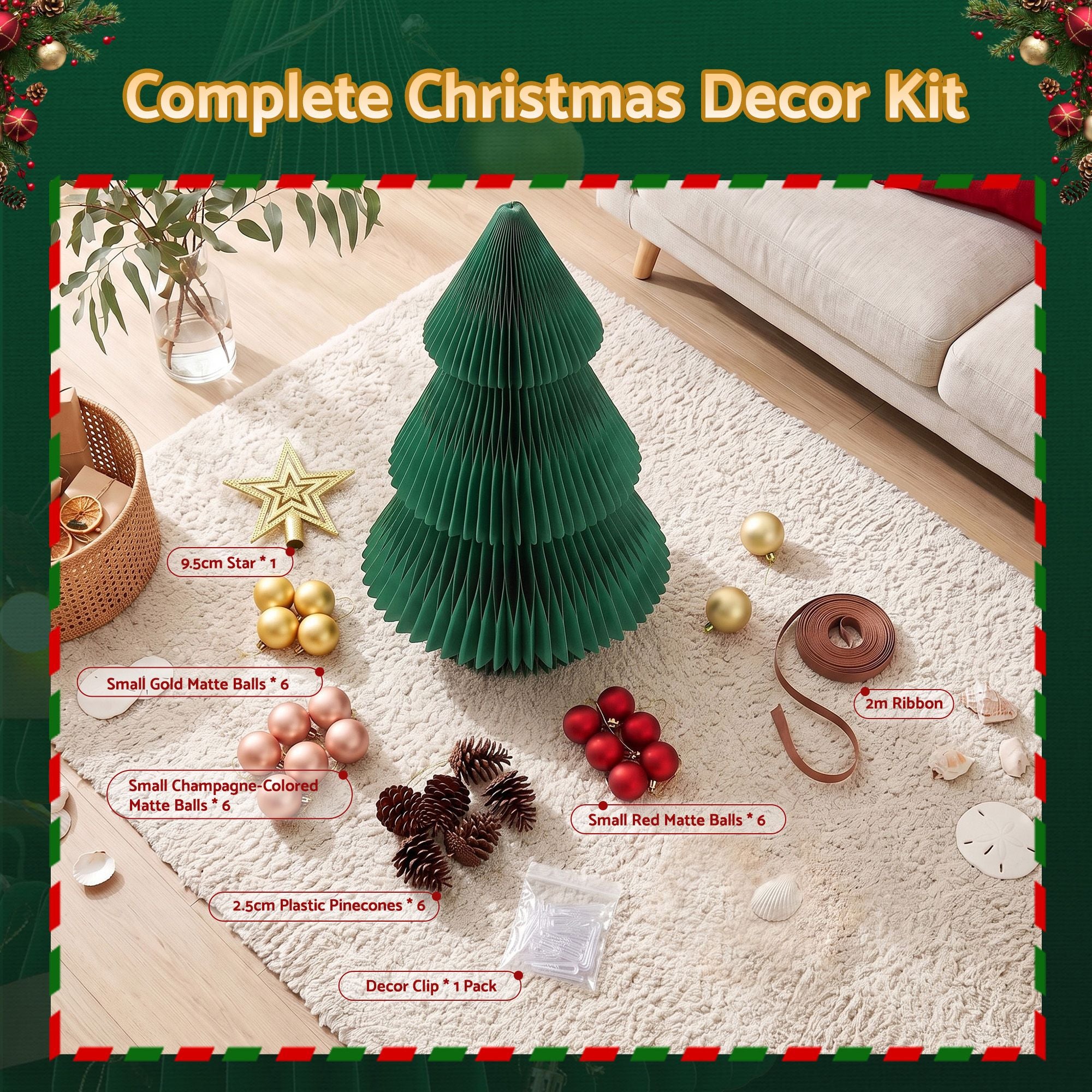 Jingle Jollys Paper Christmas Tree 47CM w/ Star Topper Xmas Decor Tabletop Green DIY Ornament Set