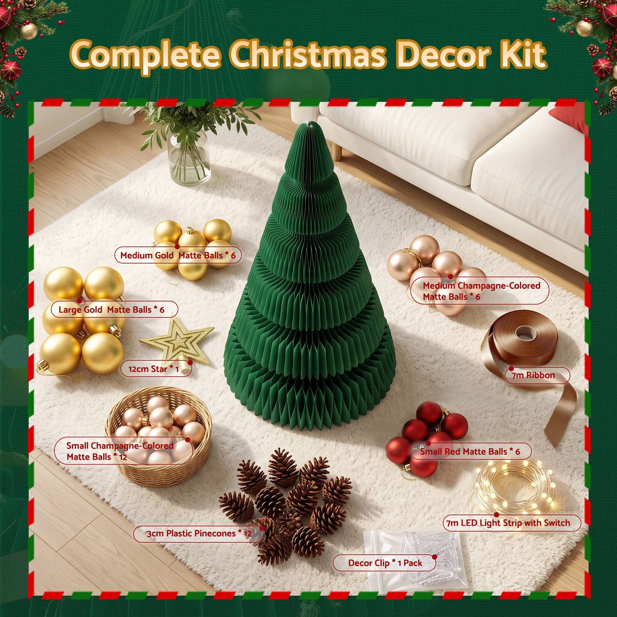 Jingle Jollys Paper Christmas Tree 111CM w/ Star Topper LEDs Xmas Decorations Kit Home Office Green