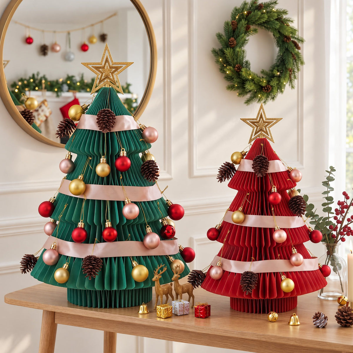 Jingle Jollys 2PCS Folding Tabletop Christmas Tree Set Red & Green