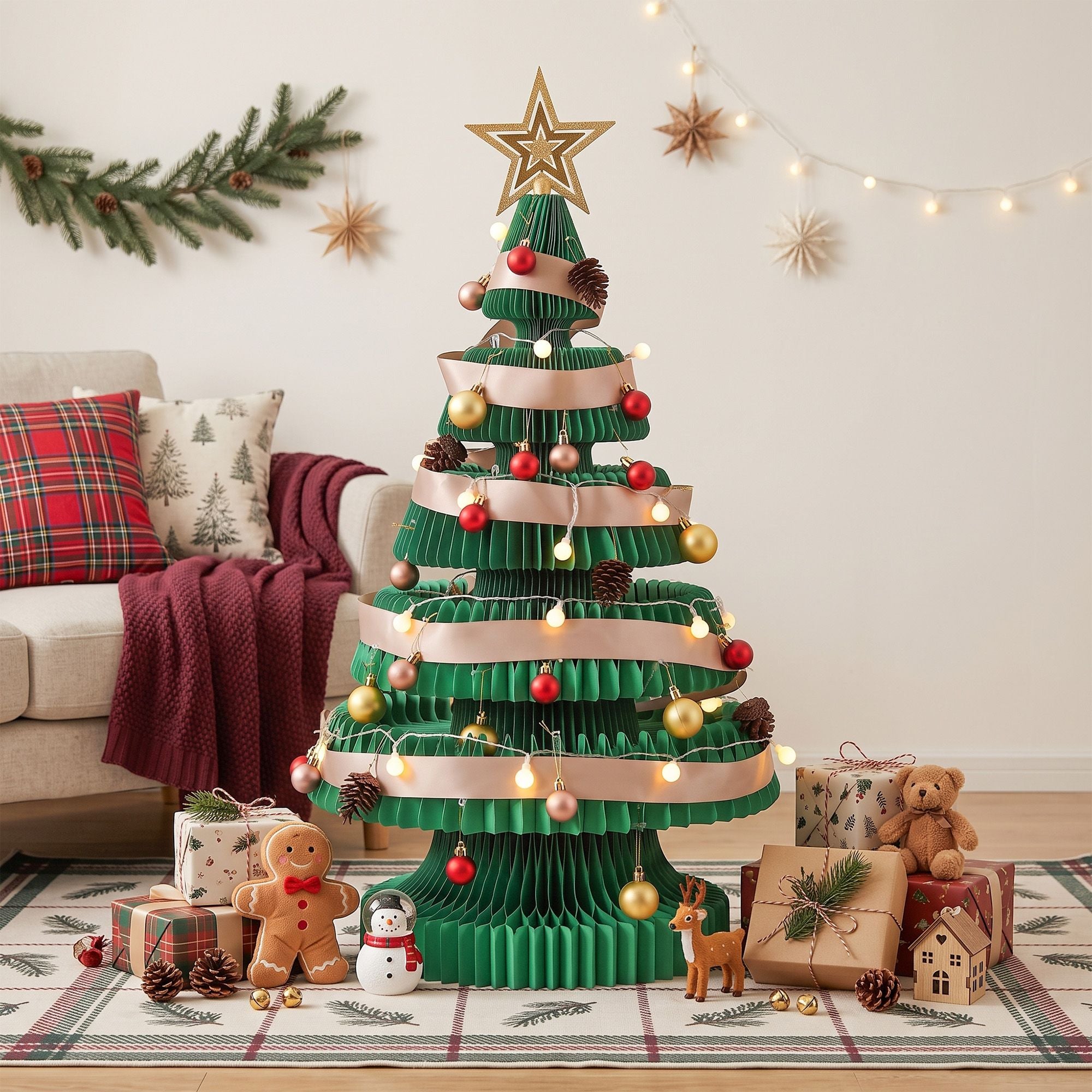 Jingle Jollys Paper Christmas Tree 87CM w/ Star Topper LEDs Xmas Decorations Kit Home Office Green