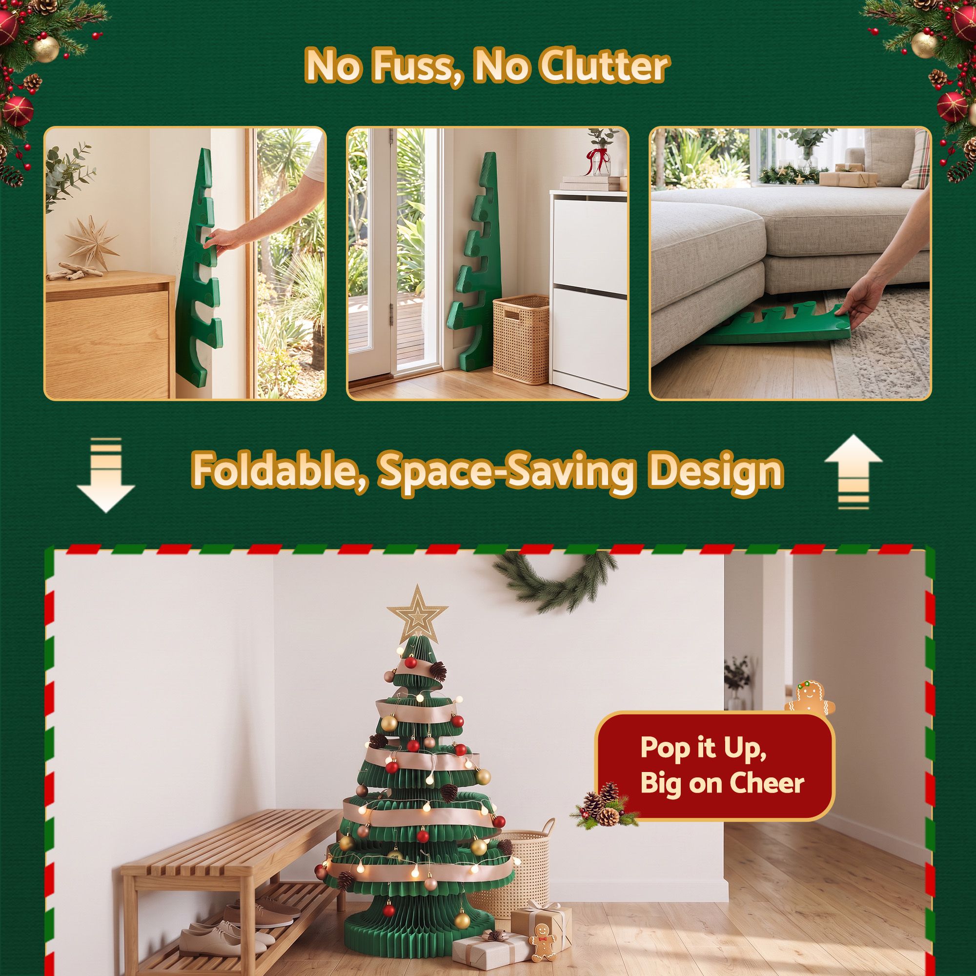 Jingle Jollys Paper Christmas Tree 87CM w/ Star Topper LEDs Xmas Decorations Kit Home Office Green