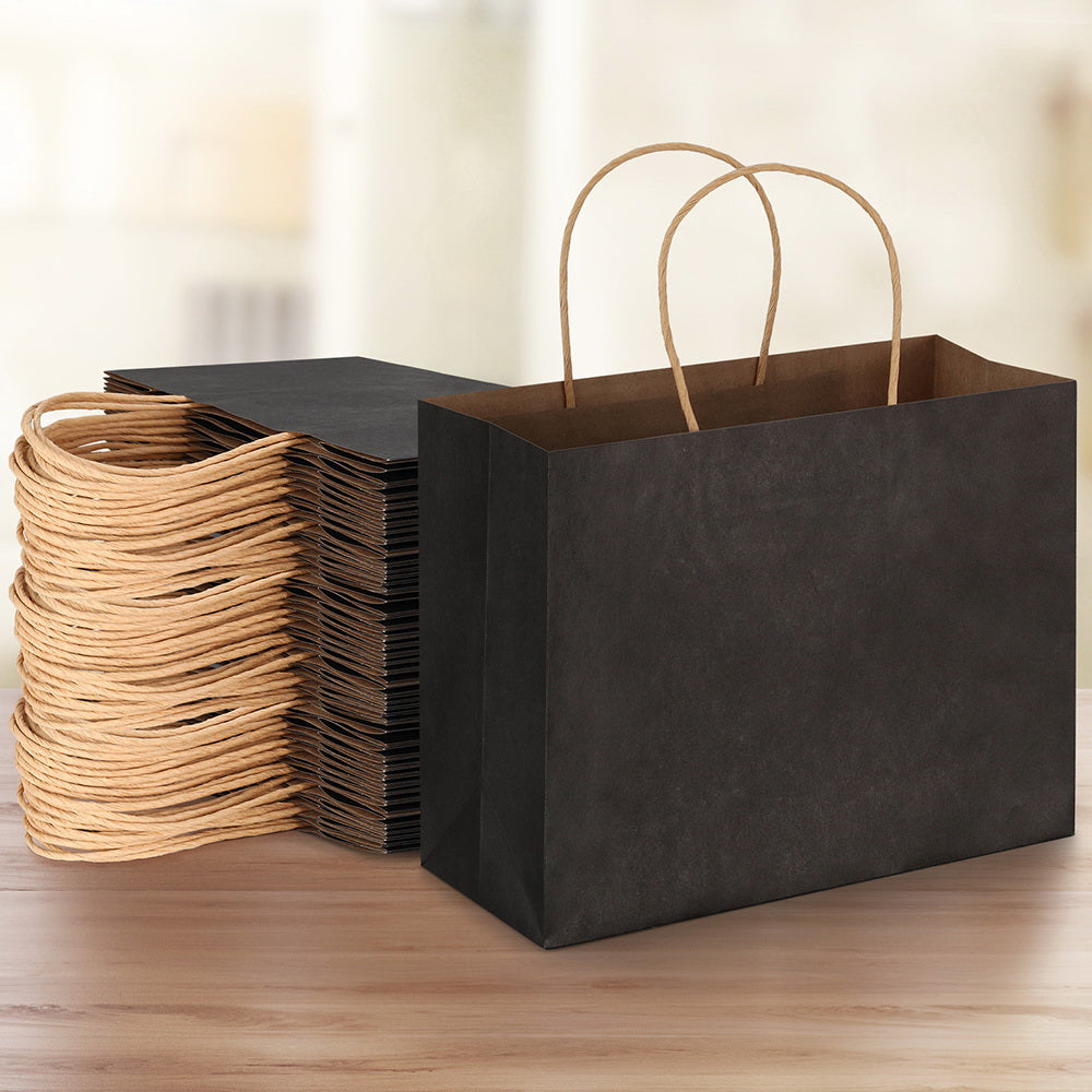 Bulk 50pcs Black Kraft Paper Gift Bags Reusable Soft Handle