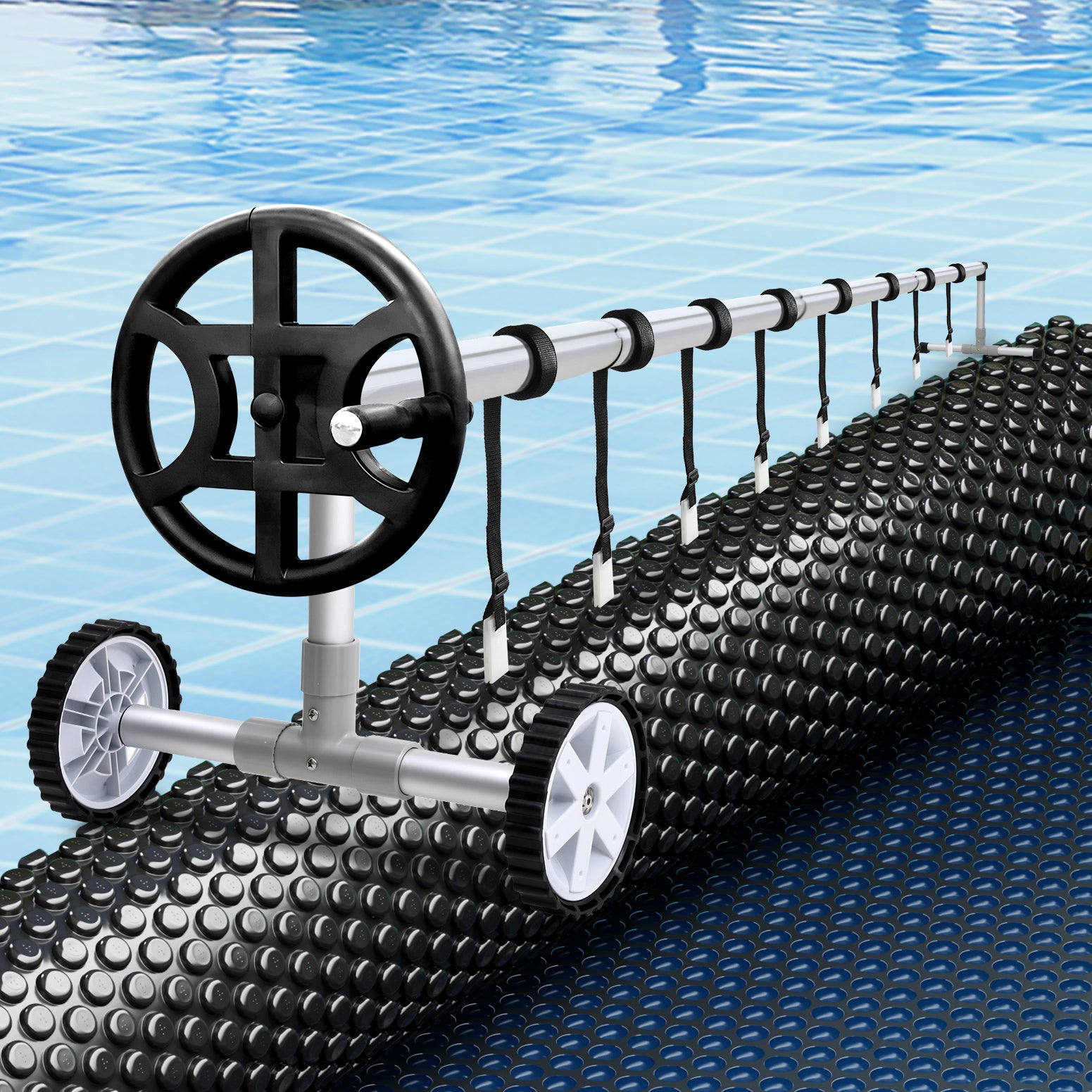 Aqua Buddy 10x4m Pool Cover 600 Micron Black Solar Blanket with Roller
