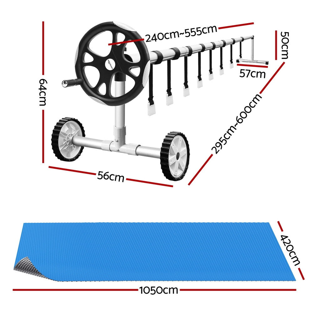 Aqua Buddy 10.5x4.2m Solar Pool Cover 600 Micron LDPE with 5.55m Aluminium Roller