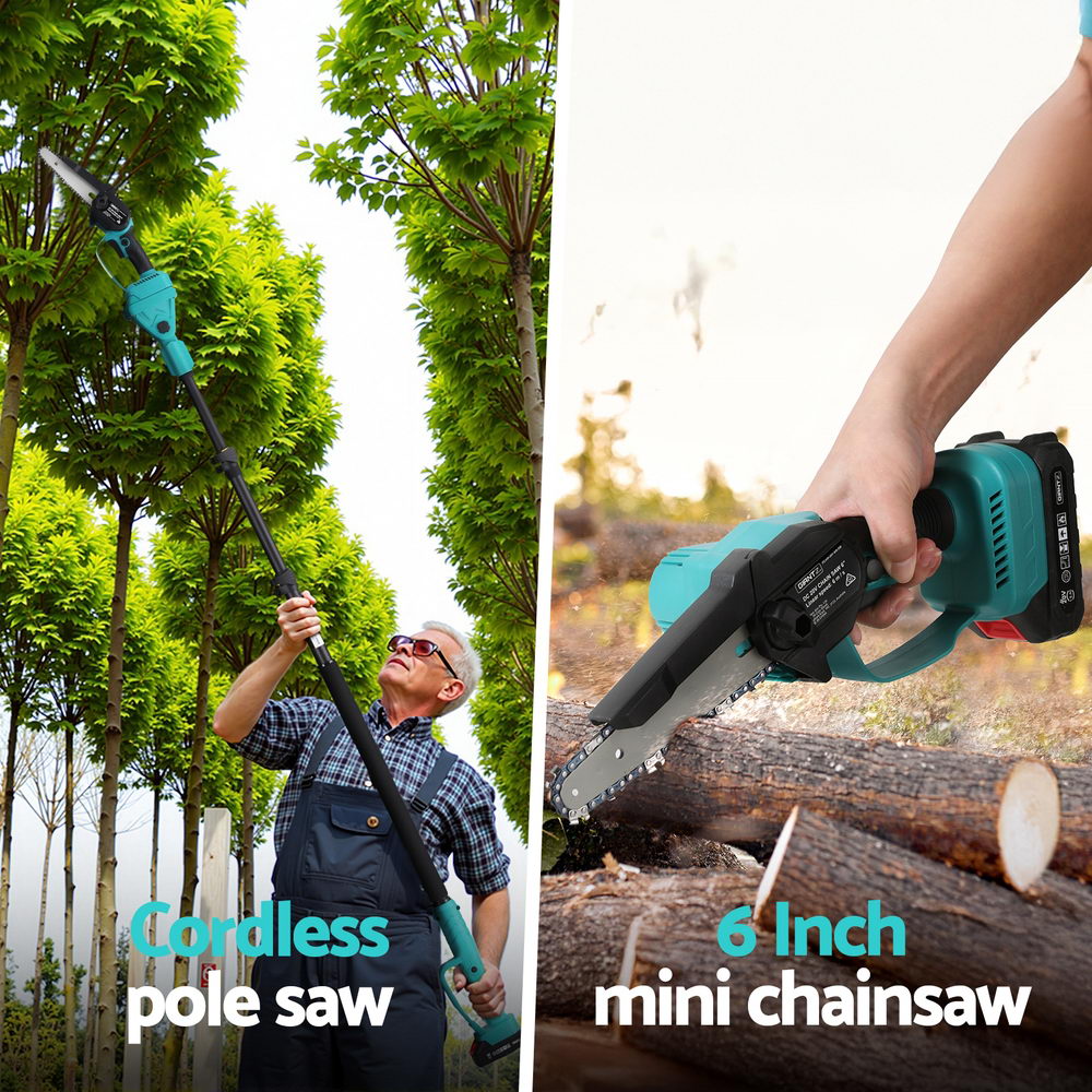 Giantz 6-Inch Cordless Telescopic Pole Chainsaw Kit 20V Battery Green