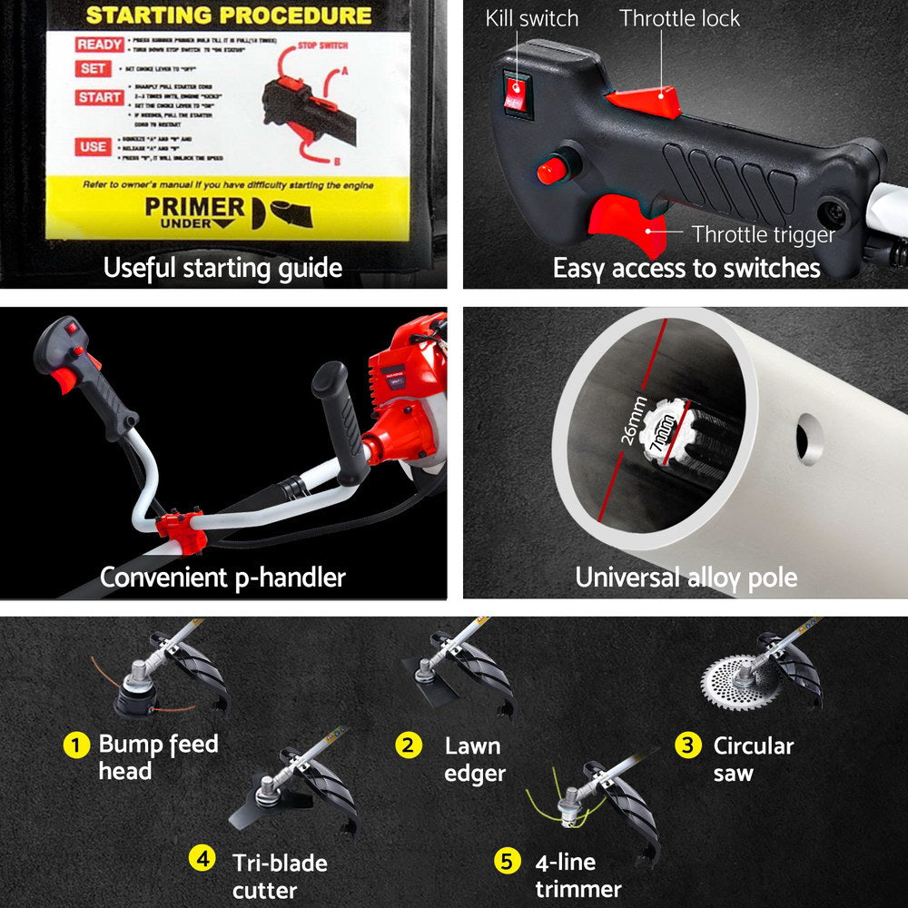 Giantz 5in1 Petrol Pole Chainsaw Circular Saw Hedge Trimmer Whipper Snipper 62cc