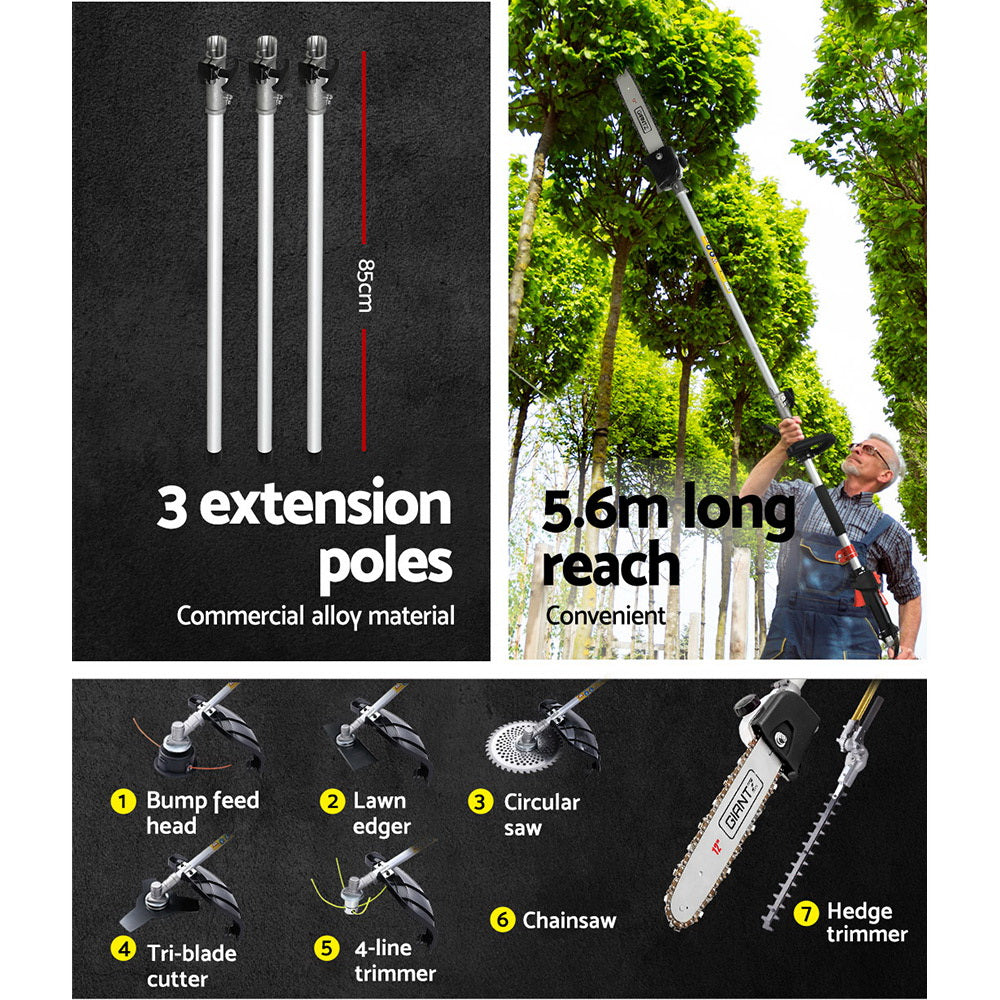 Giantz 62CC 5.6m Multi-Tool Pole Chainsaw Hedge Trimmer Brush Cutter Black