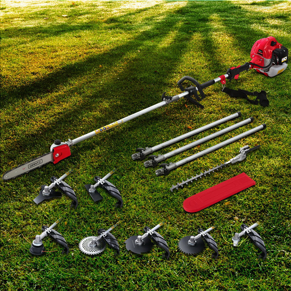 Giantz 62CC 5.6m 9-in-1 Multi-Tool Pole Chainsaw Hedge Trimmer Brush Cutter Red