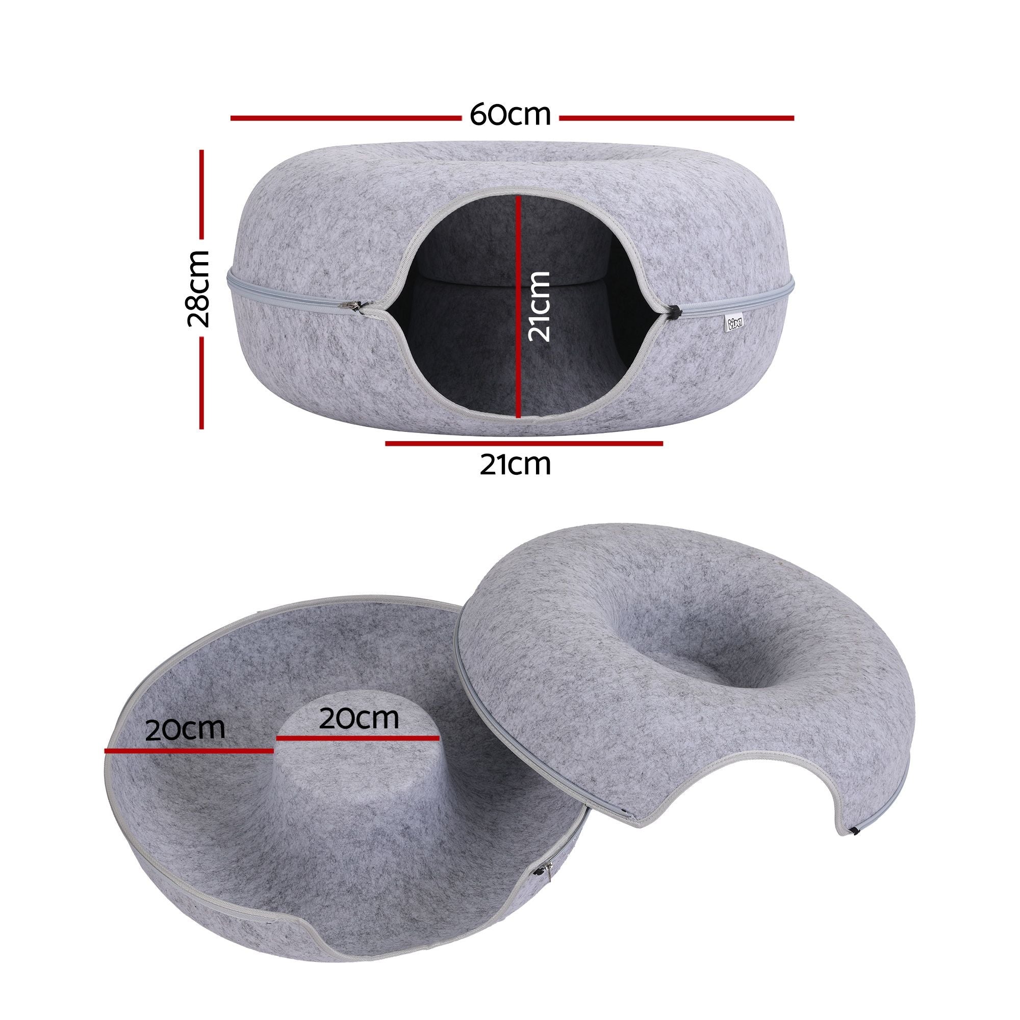 i.Pet Cat Bed with Tunnel 60x28CM Donut Felt Cave Hideaway Detachable Grey