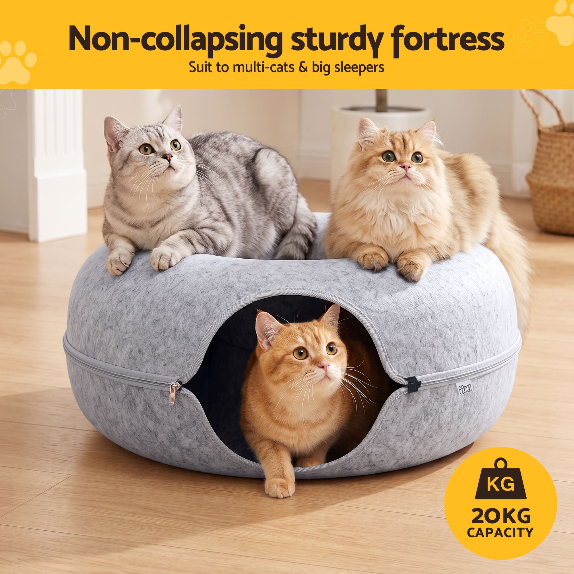 i.Pet Cat Bed with Tunnel 60x28CM Donut Felt Cave Hideaway Detachable Grey