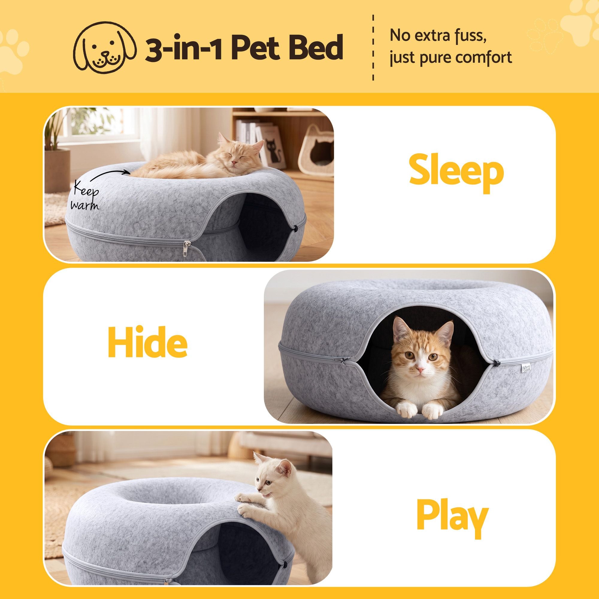 i.Pet Cat Bed with Tunnel 60x28CM Donut Felt Cave Hideaway Detachable Grey