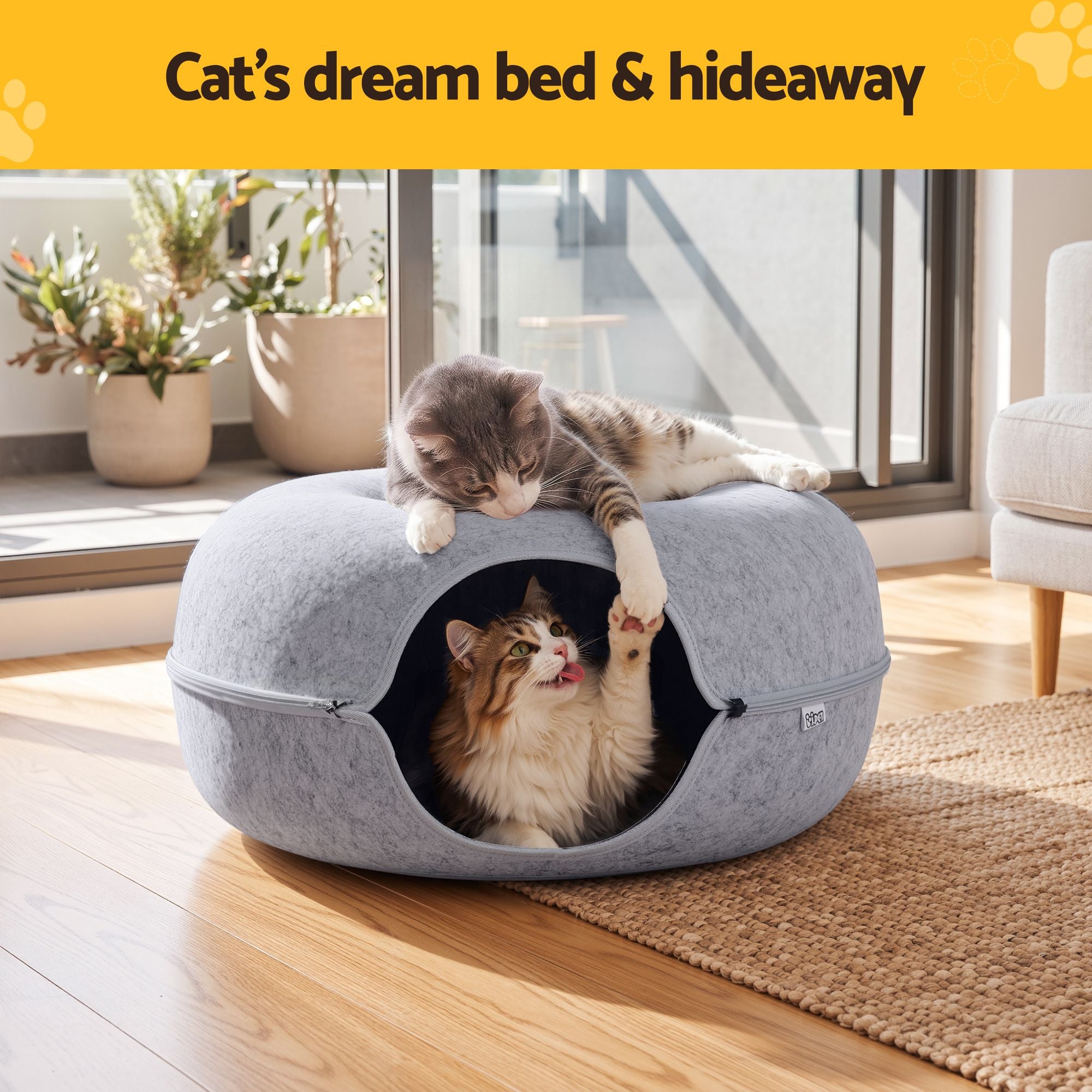 i.Pet Cat Bed with Tunnel 60x28CM Donut Felt Cave Hideaway Detachable Grey