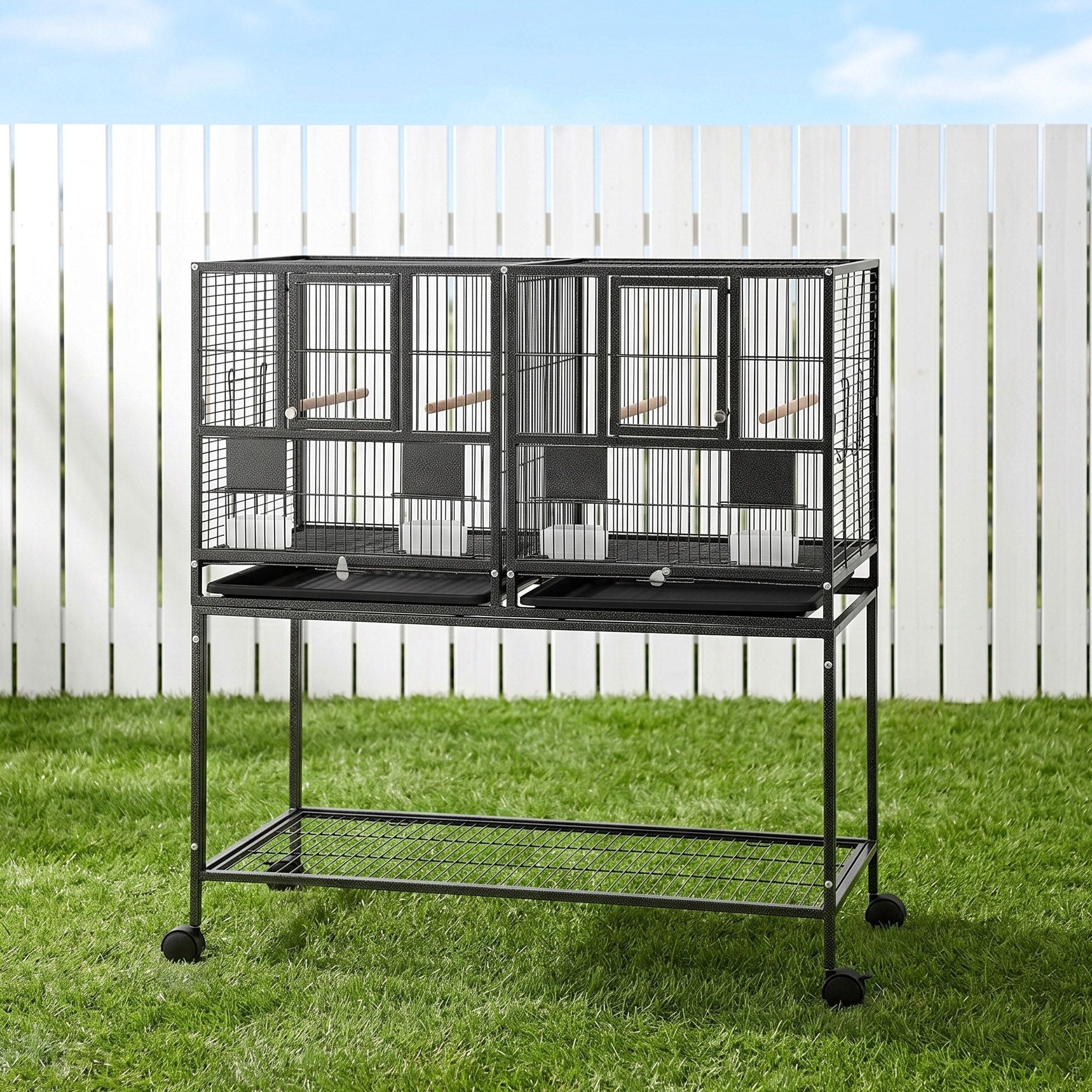 i.Pet 106cm 2-in-1 Bird Cage Aviary with Divider Parrot Budgie Wheels Black