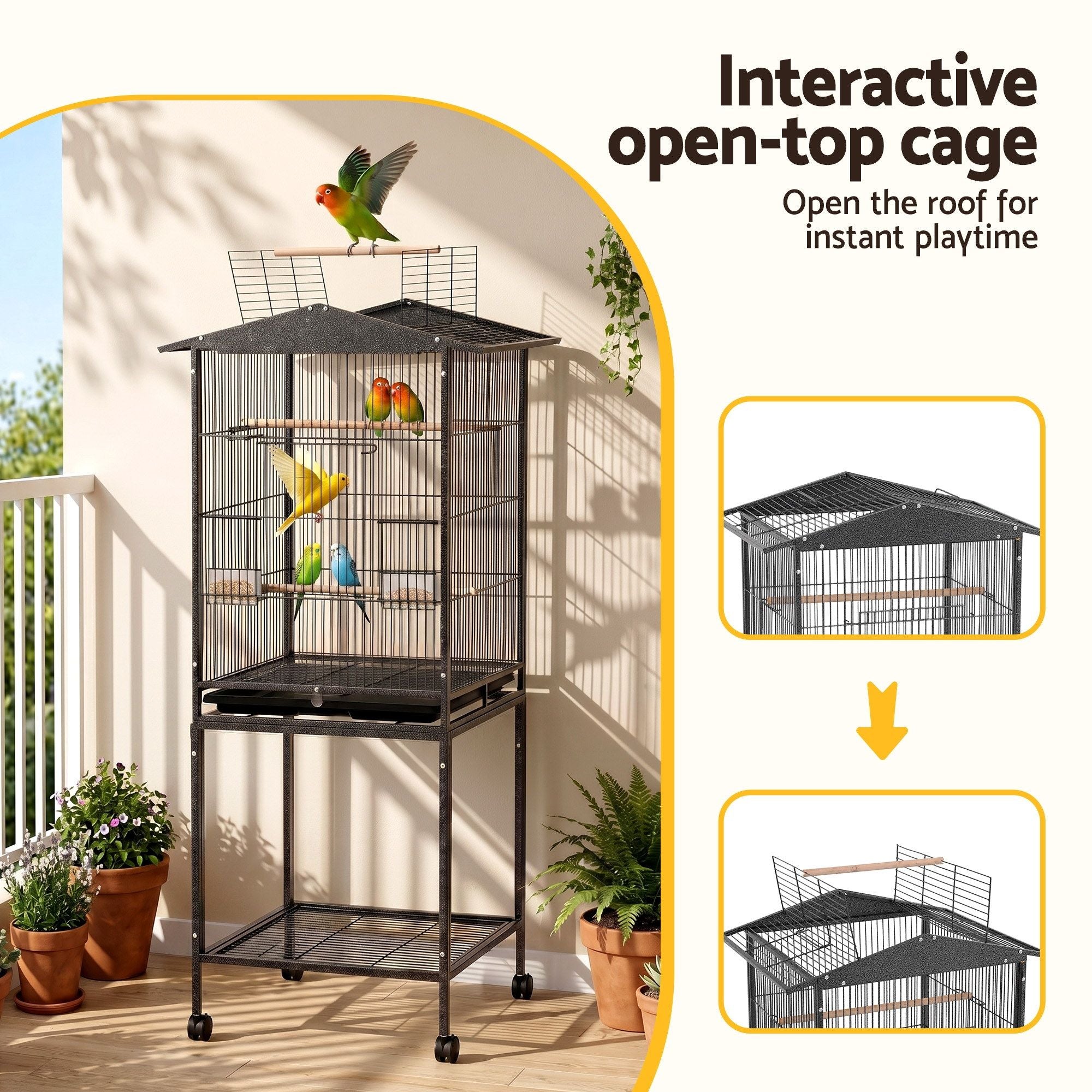 i.Pet 136cm Bird Cage Aviary Open Top Parrot Budgie Stand Wheels Black