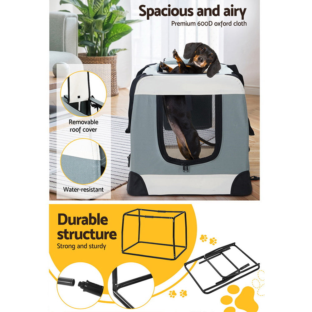 i.Pet Large Pet Carrier Soft Crate Foldable Travel Light Grey