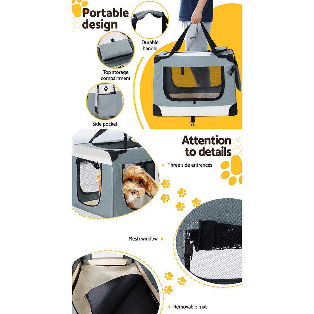 i.Pet Large Pet Carrier Soft Crate Foldable Travel Light Grey
