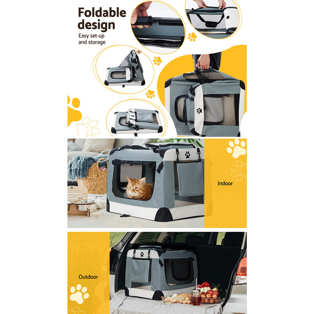 i.Pet Large Pet Carrier Soft Crate Foldable Travel Light Grey