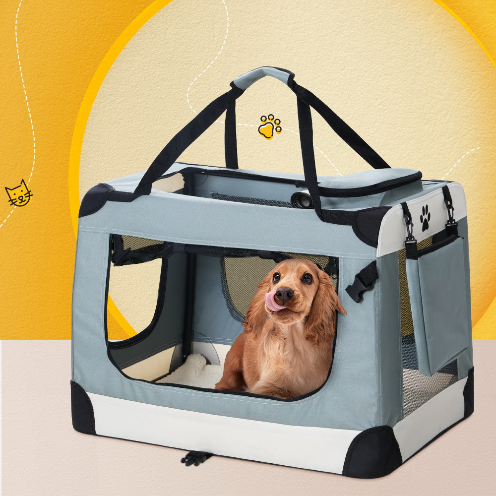 i.Pet Large Pet Carrier Soft Crate Foldable Travel Light Grey