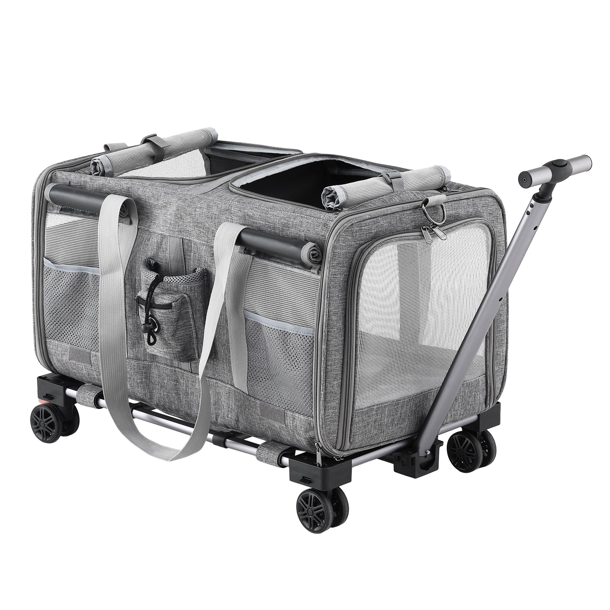 i.Pet Pet Carrier Swivel Wheels Foldable Cat Dog Trolley Stroller Travel Bag Grey