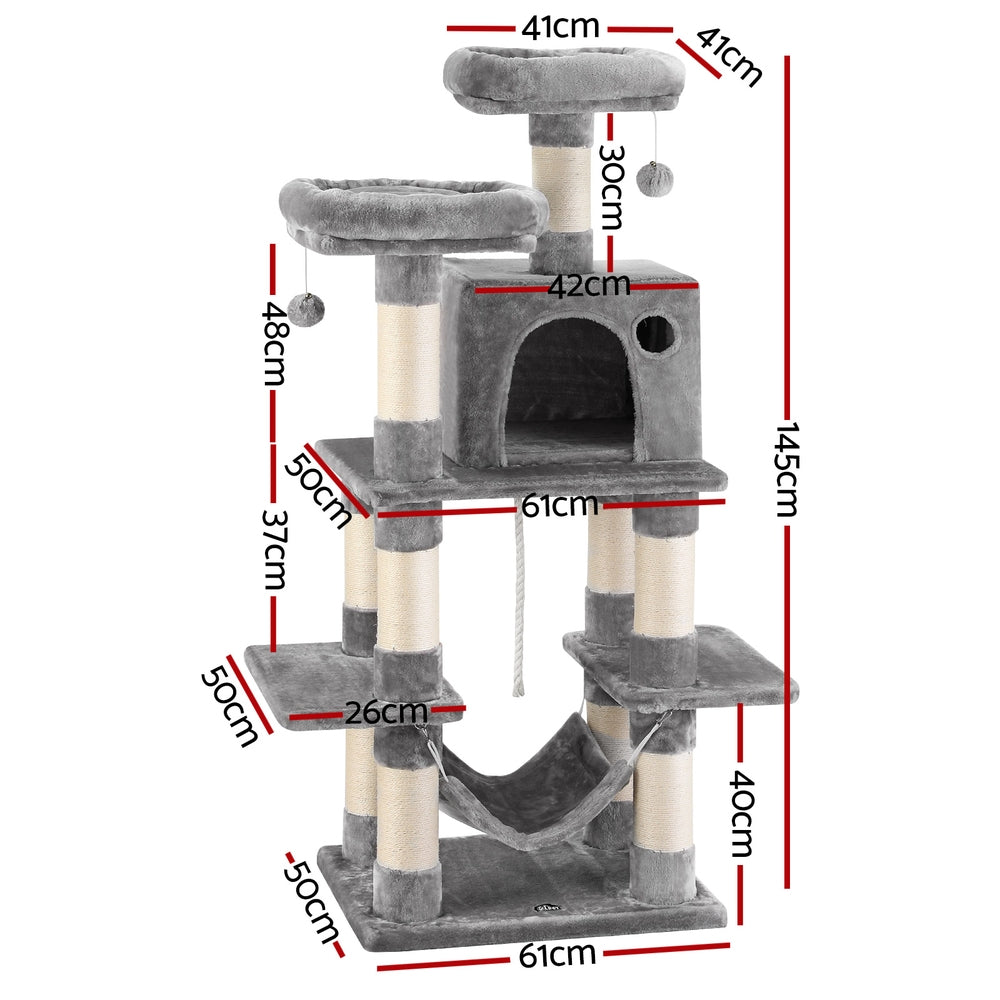 i.Pet 145cm Cat Tree Tower Scratching Post Condo Light Grey