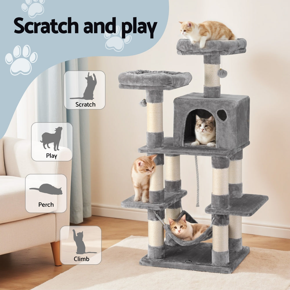 i.Pet 145cm Cat Tree Tower Scratching Post Condo Light Grey