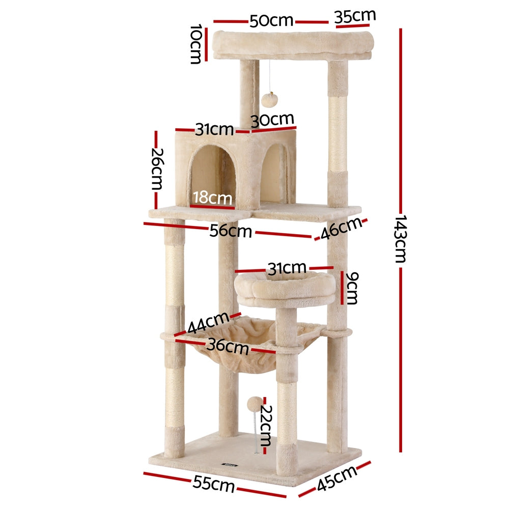 i.Pet 143cm Cat Tree Tower Scratching Post Condo Beige
