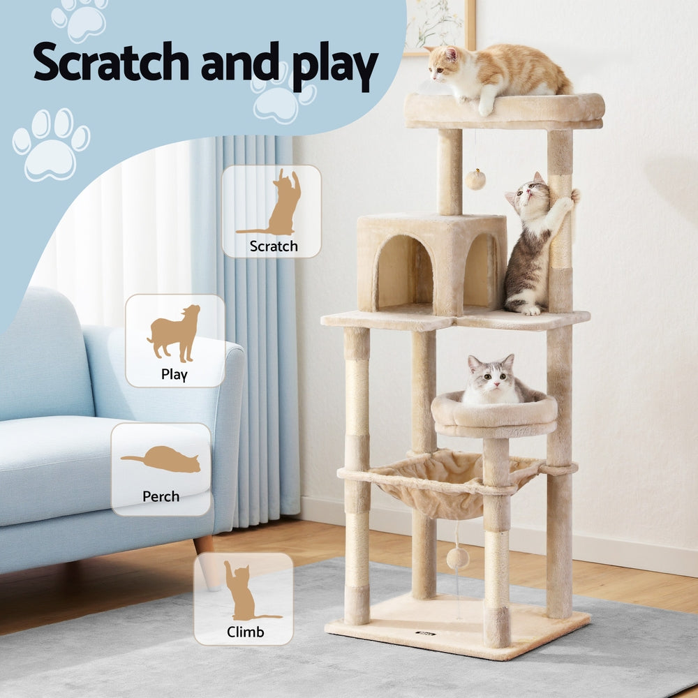 i.Pet 143cm Cat Tree Tower Scratching Post Condo Beige