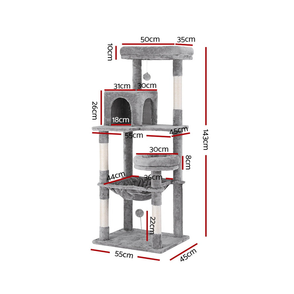 i.Pet 143cm Cat Tree Tower Scratching Post Condo Grey