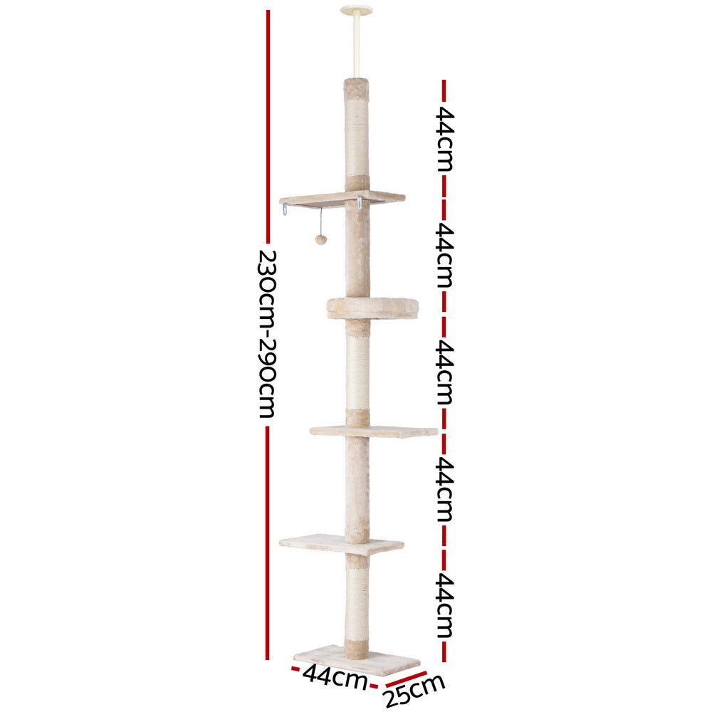 i.Pet 290cm Cat Tree Tower Scratcher Floor-to-Ceiling Beige/White