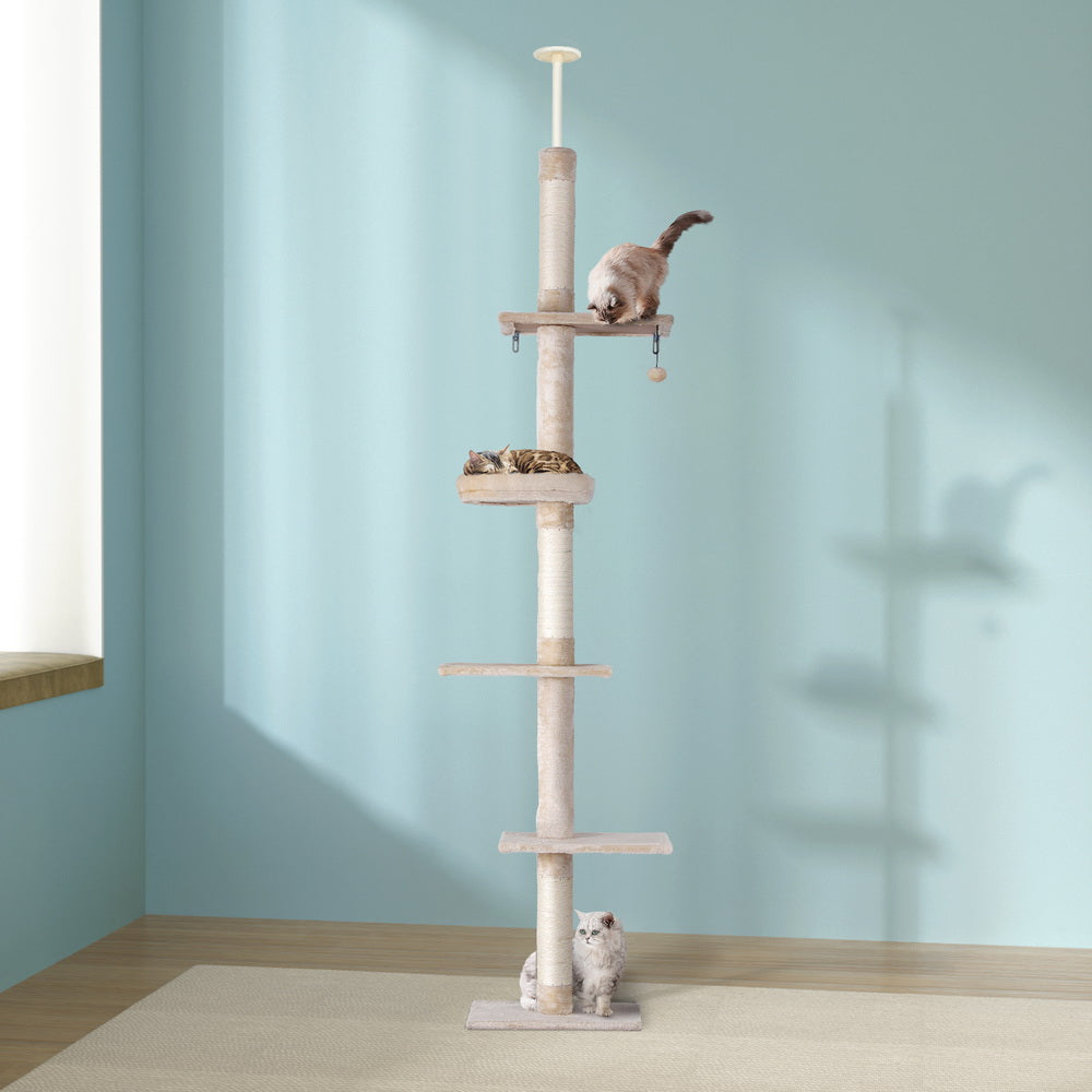 i.Pet 290cm Cat Tree Tower Scratcher Floor-to-Ceiling Beige/White