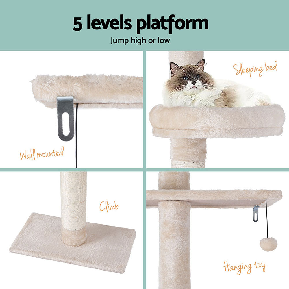 i.Pet 290cm Cat Tree Tower Scratcher Floor-to-Ceiling Beige/White