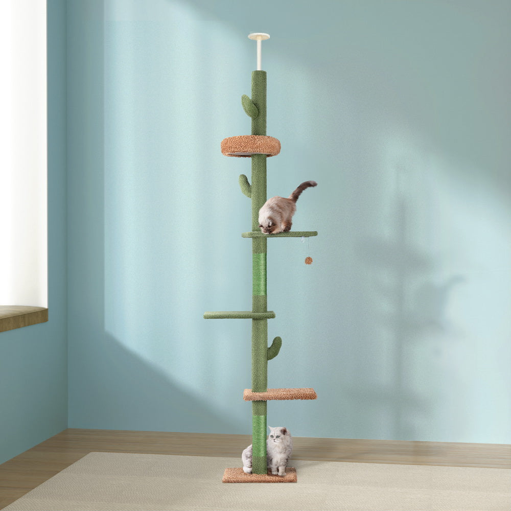 i.Pet 290cm Cat Tree Tower Floor-to-Ceiling Scratching Post Green/Brown
