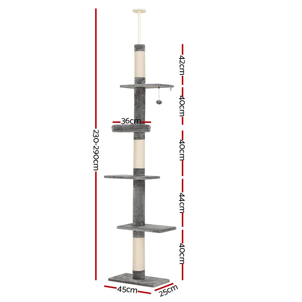 i.Pet 290cm Cat Tree Tower Scratching Post Floor-to-Ceiling Grey/White