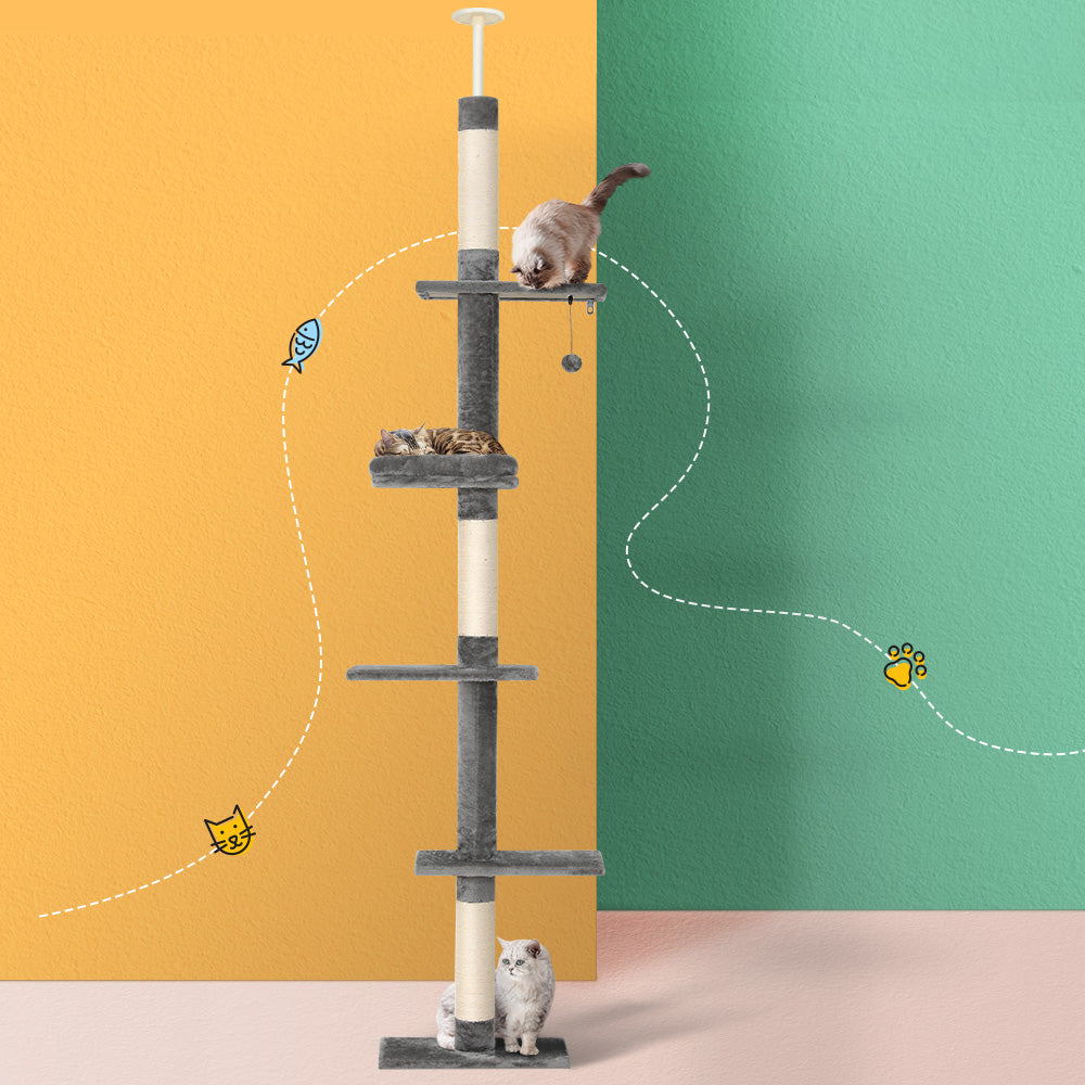 i.Pet 290cm Cat Tree Tower Scratching Post Floor-to-Ceiling Grey/White