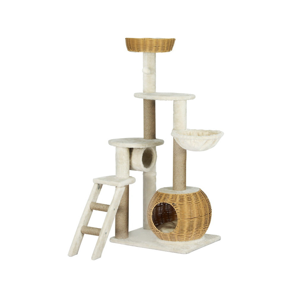 i.Pet 138cm Cat Tree Tower Scratching Post Rattan Ladder Beige/Brown
