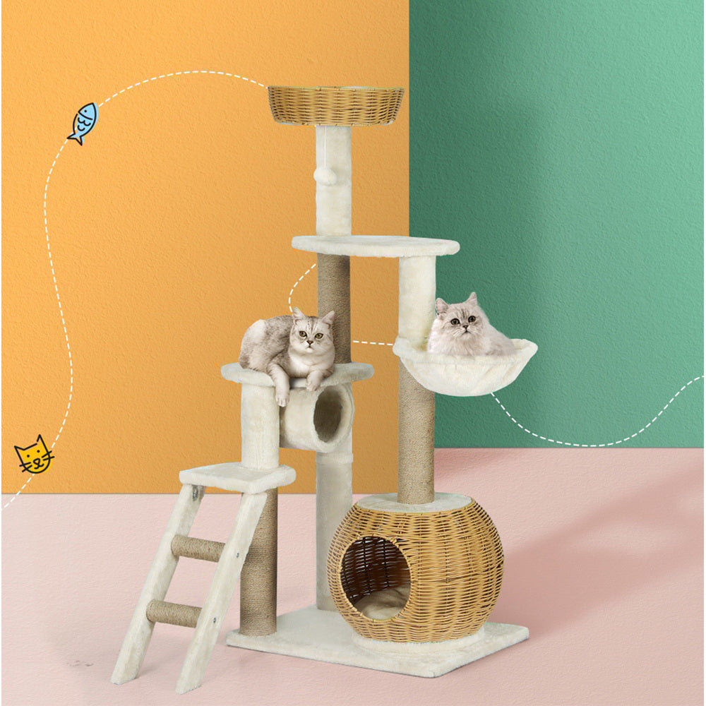i.Pet 138cm Cat Tree Tower Scratching Post Rattan Ladder Beige/Brown