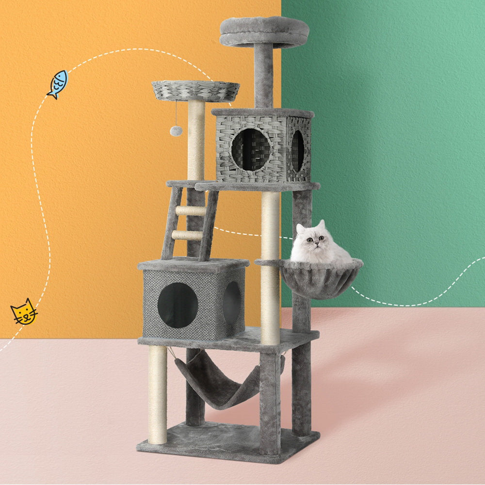 i.Pet 169cm Cat Tree Tower Scratching Post Rattan Grey