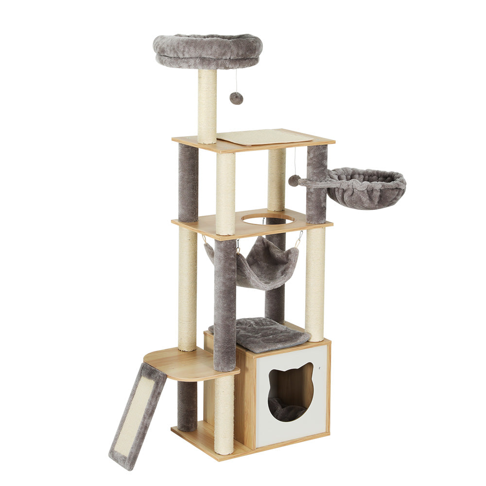 i.Pet 152cm Cat Tree Tower Scratching Post Wood Beige/Grey