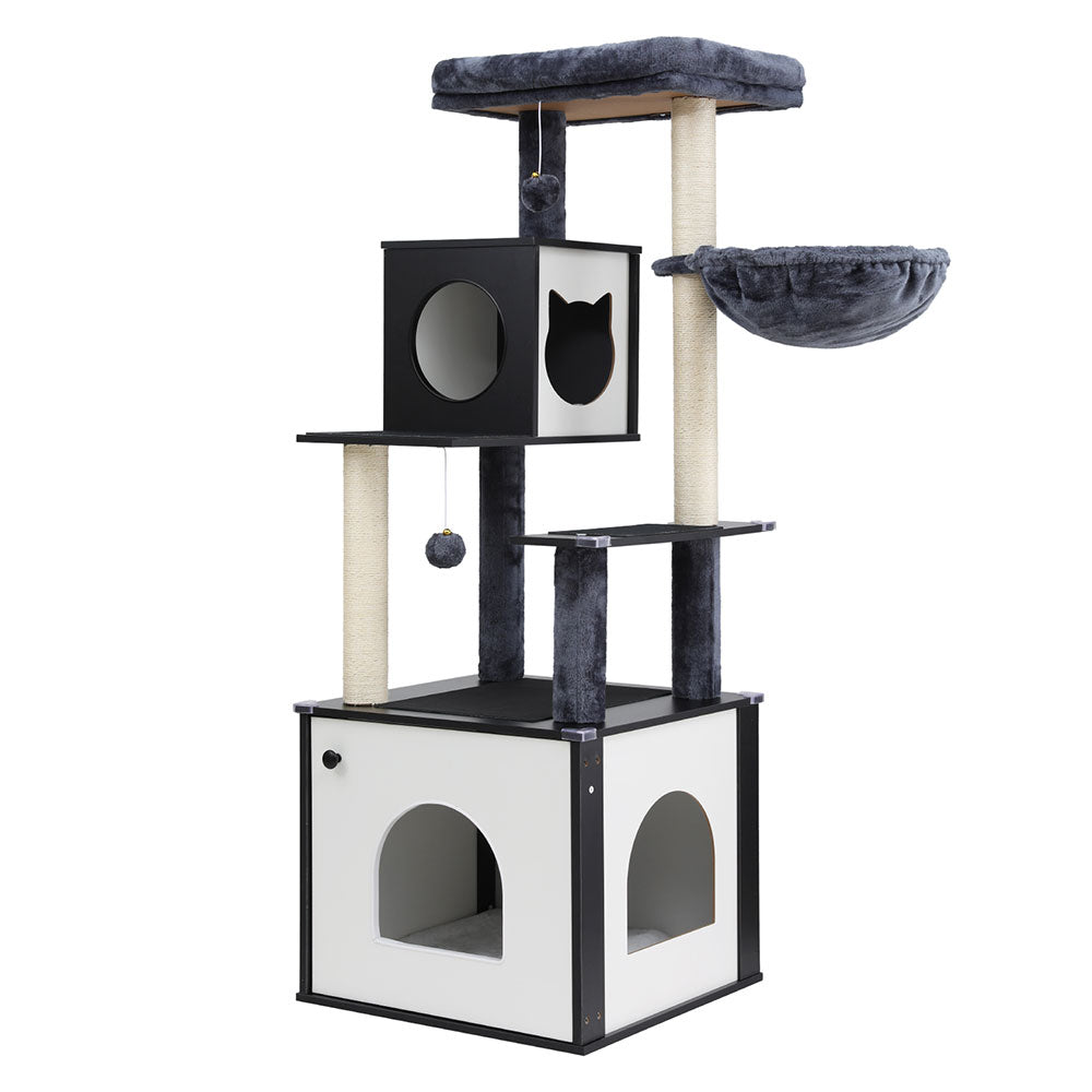 i.Pet 144cm Cat Tree Tower Scratching Post Wood Condo Black/White
