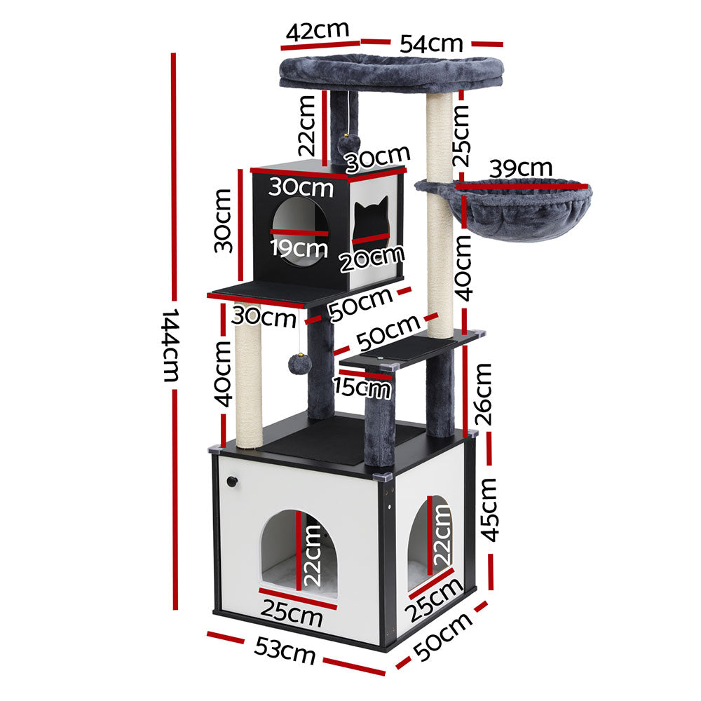 i.Pet 144cm Cat Tree Tower Scratching Post Wood Condo Black/White
