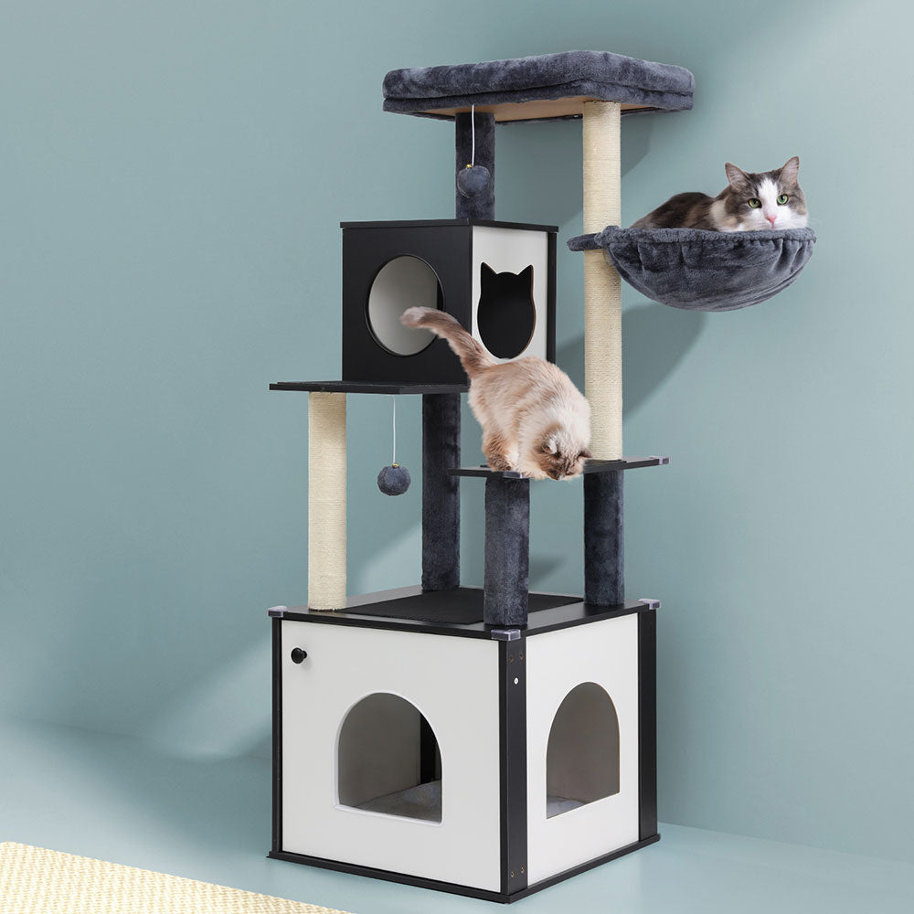 i.Pet 144cm Cat Tree Tower Scratching Post Wood Condo Black/White