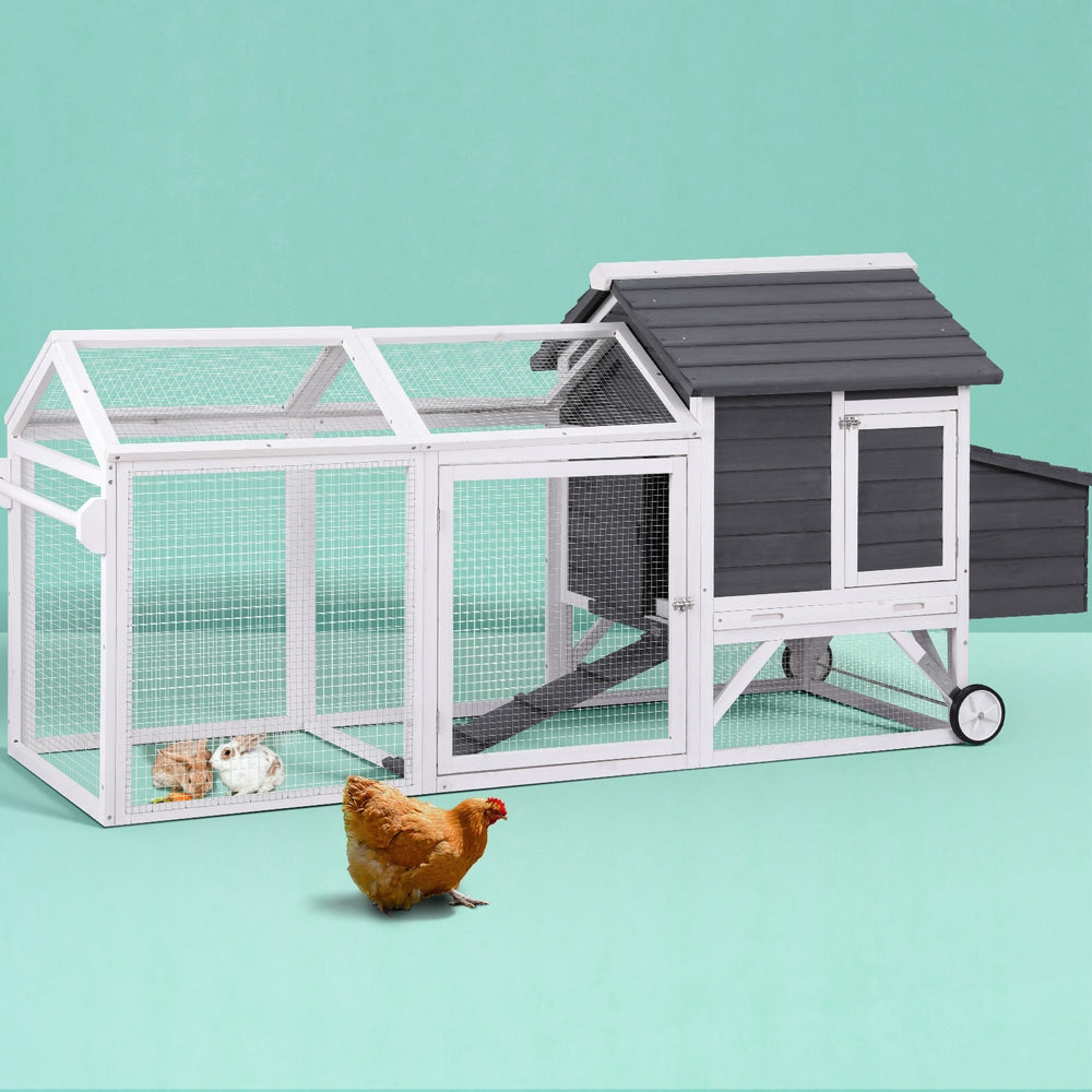 i.Pet Extra Large Wooden Chicken Coop Rabbit Hutch Grey/White