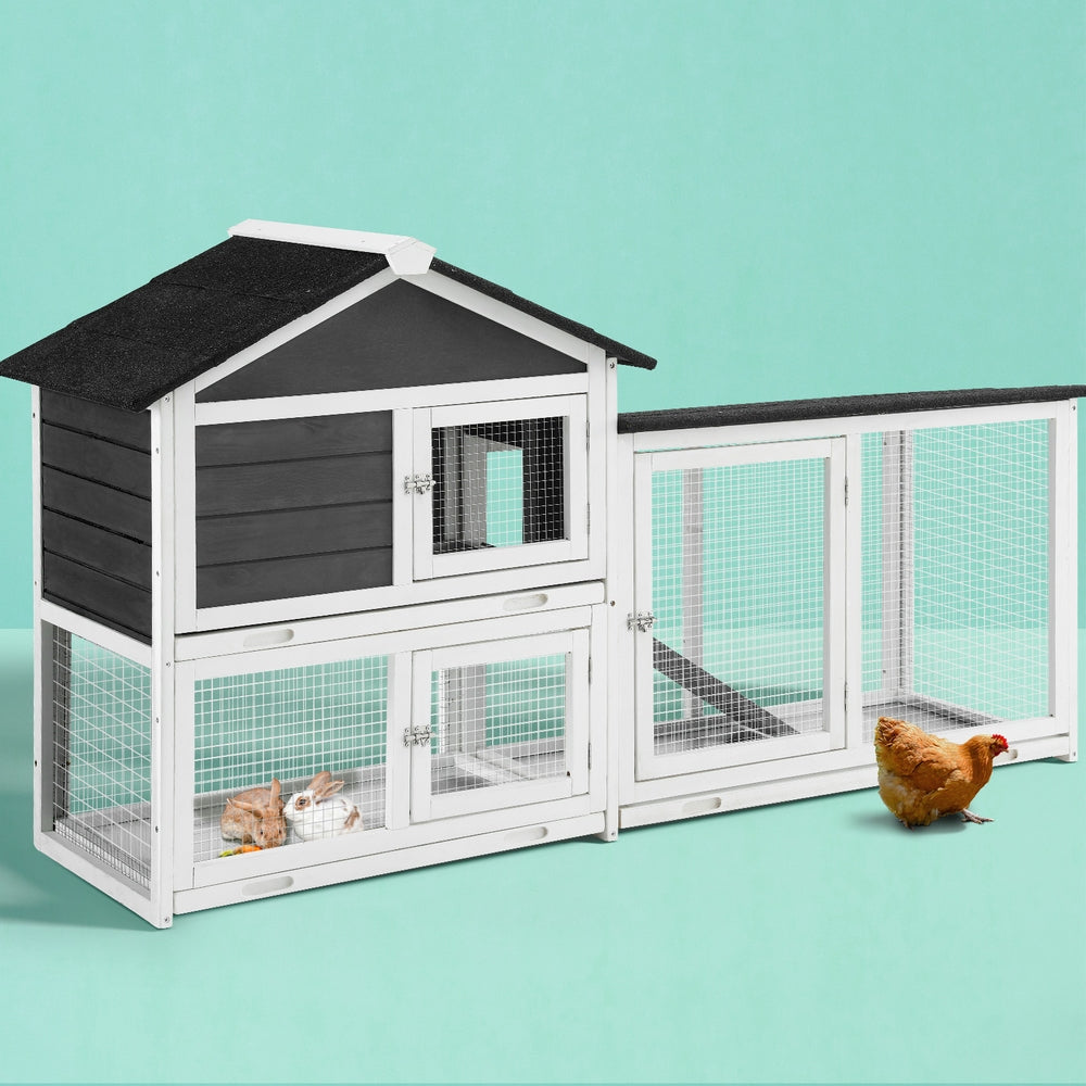 i.Pet Extra Large Wooden Chicken Coop Rabbit Hutch Grey/White