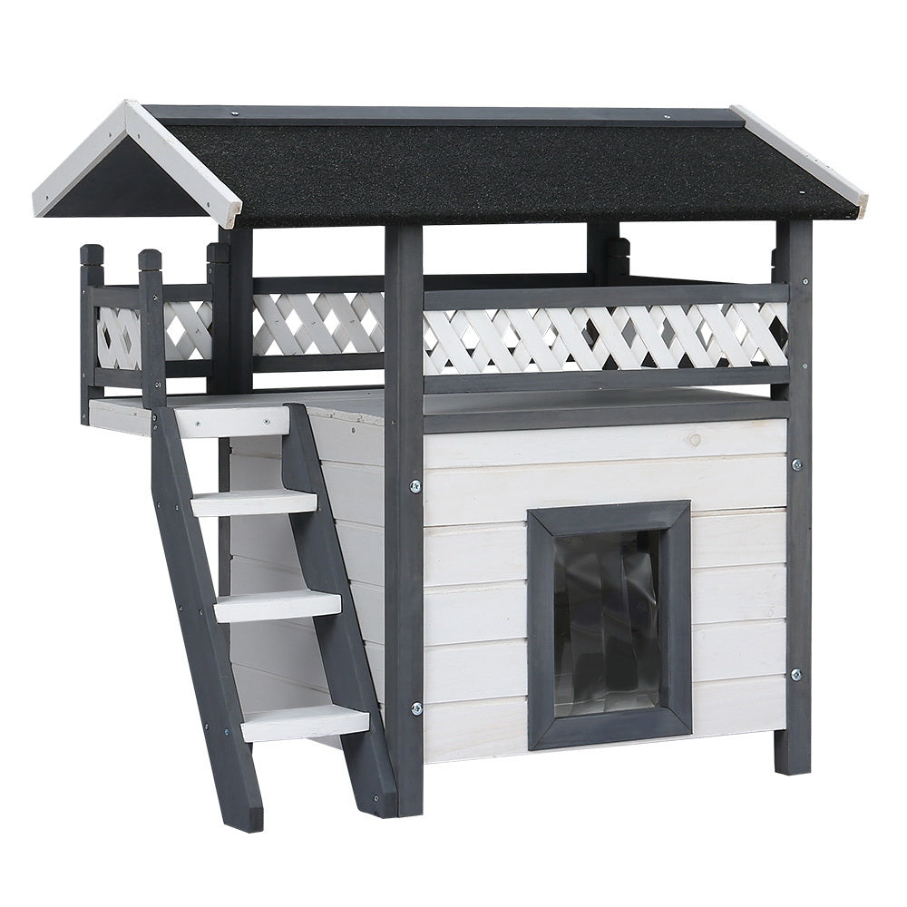 i.Pet Wooden Rabbit Hutch Outdoor Cat House Grey/White