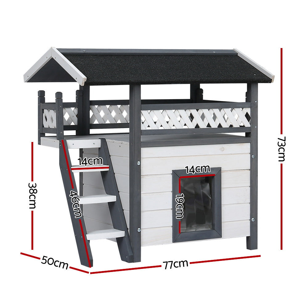 i.Pet Wooden Rabbit Hutch Outdoor Cat House Grey/White
