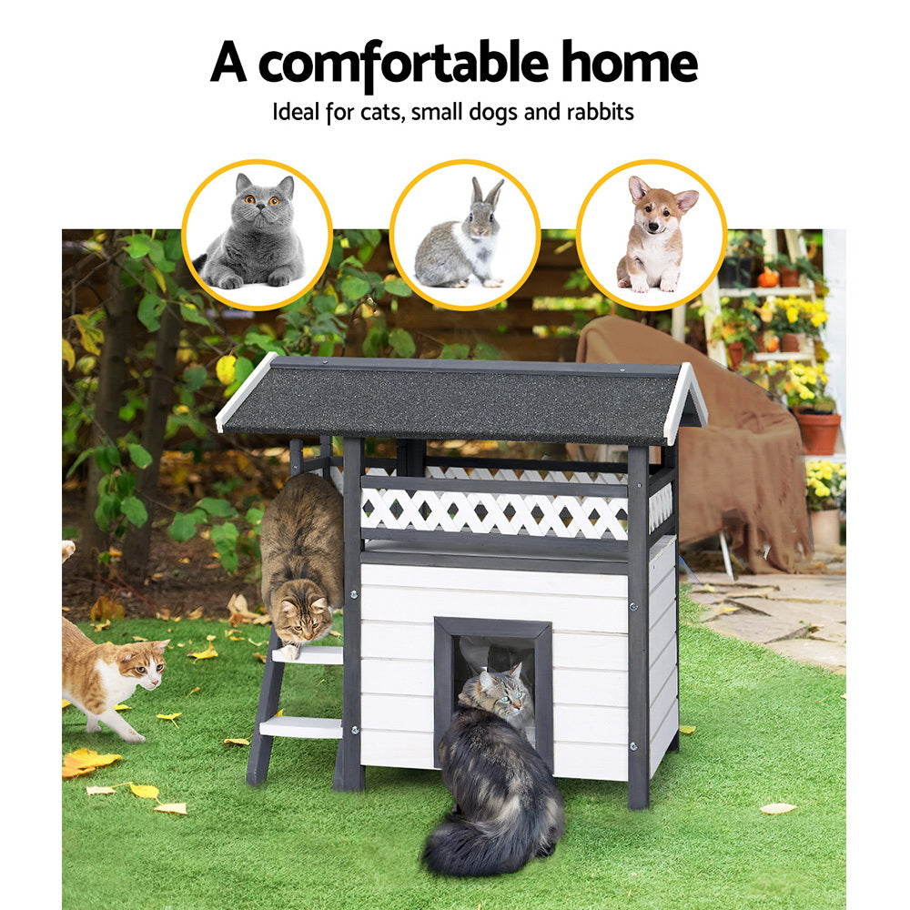 i.Pet Wooden Rabbit Hutch Outdoor Cat House Grey/White