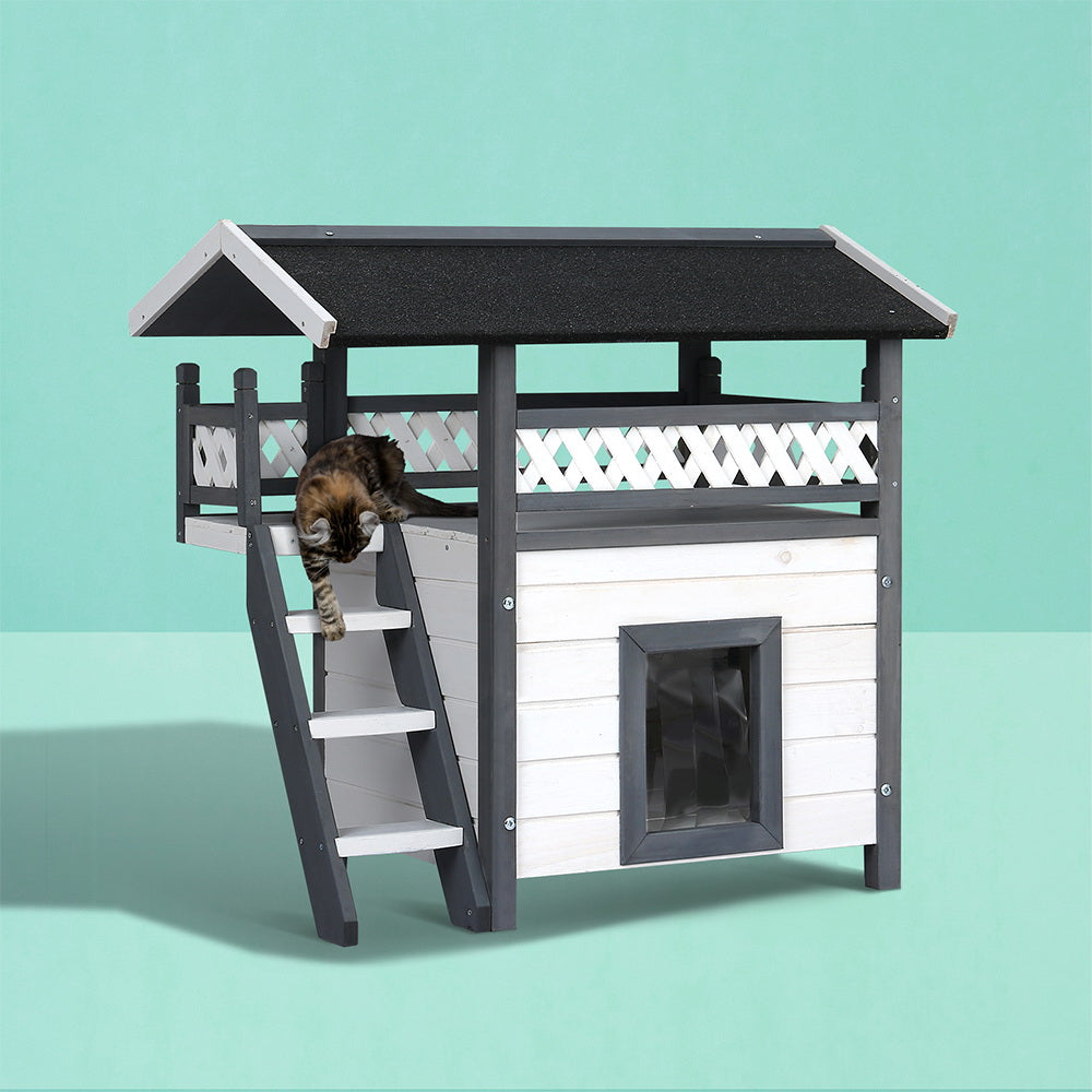 i.Pet Wooden Rabbit Hutch Outdoor Cat House Grey/White