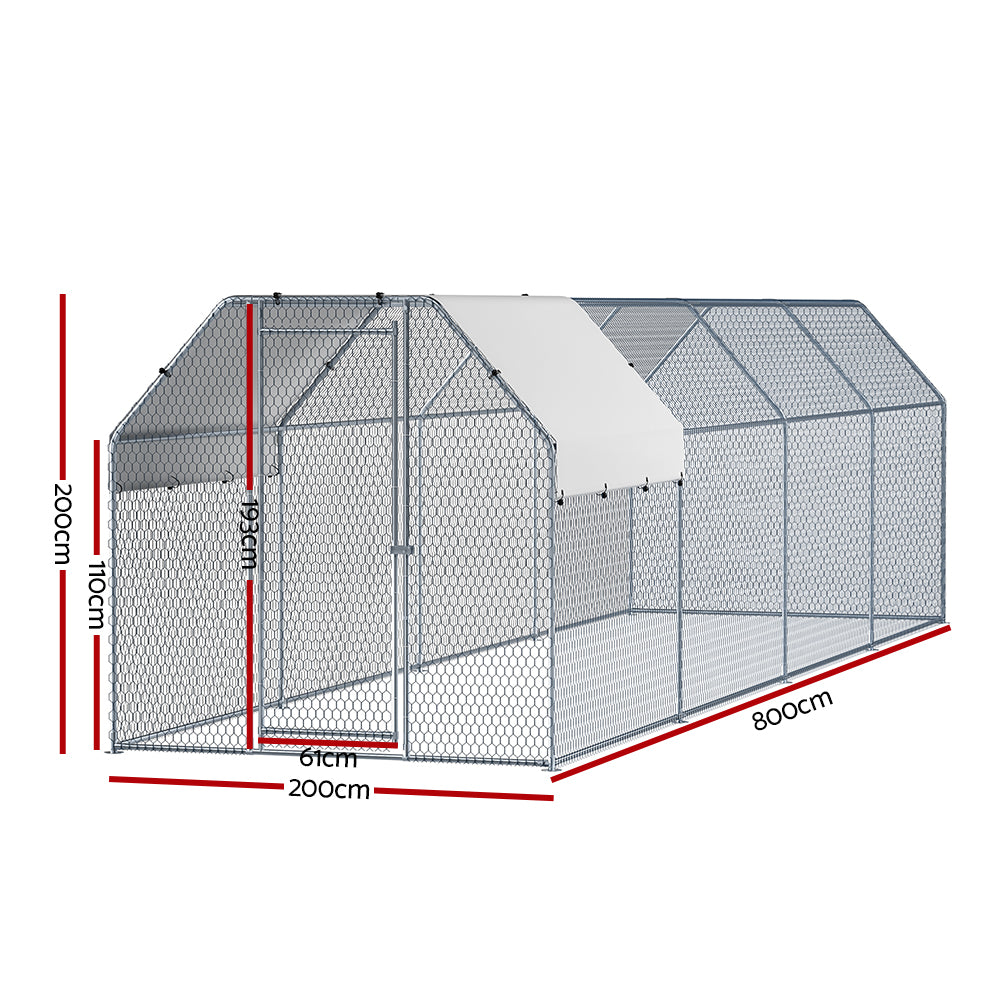 i.Pet Large Walk-In Chicken Coop Rabbit Hutch Silver 2x8x2m