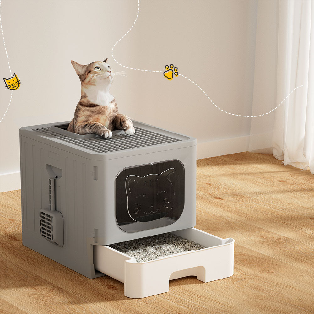 i.Pet Large Enclosed Foldable Cat Litter Box Grey