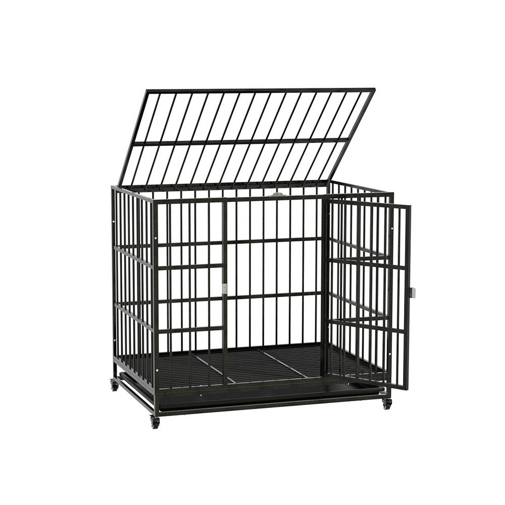 i.Pet Large Metal Dog Crate Anti-Bite Kennel Black Wheels Tray